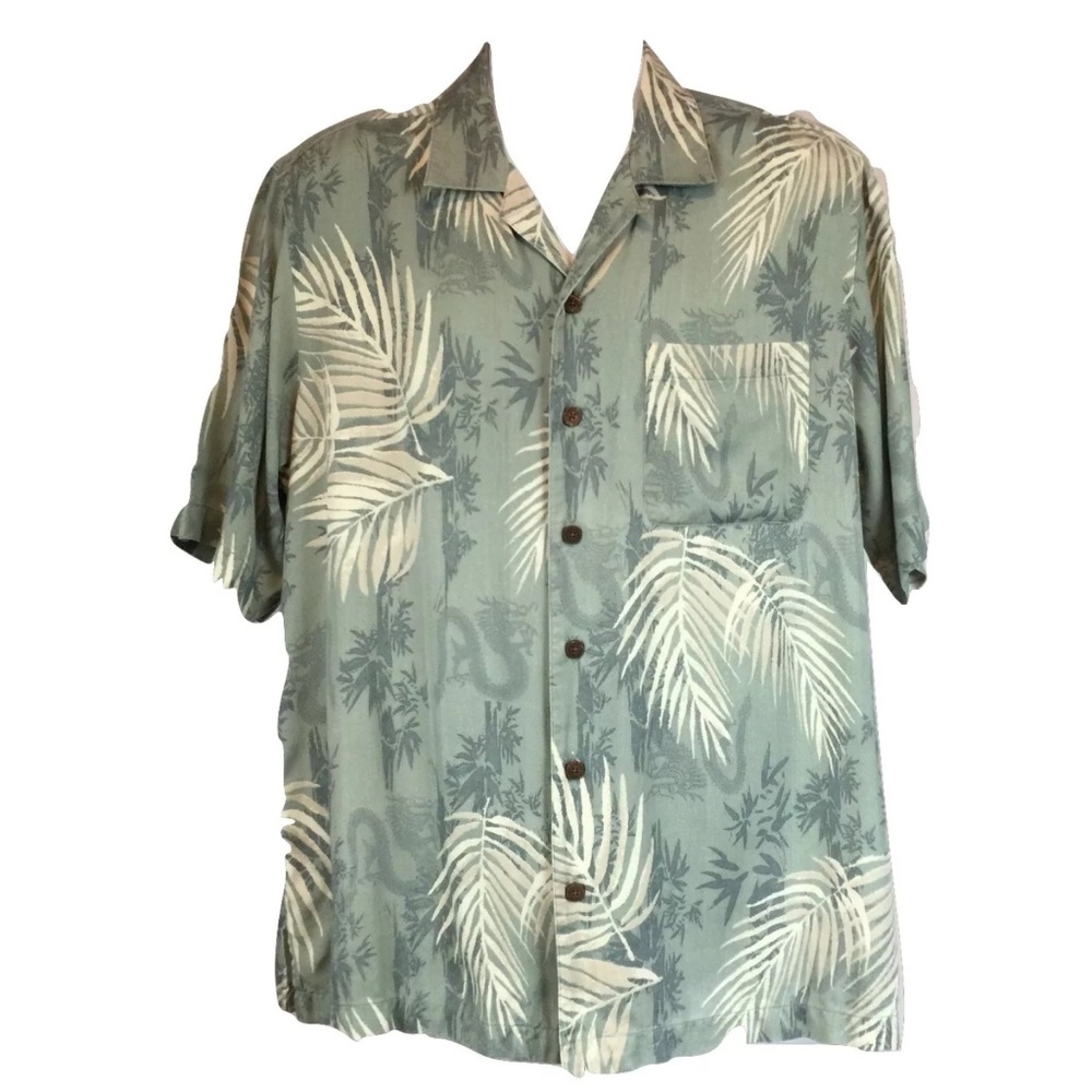 Aloha Shirt Men Size M Dragon Palm Leaves Raw Silk